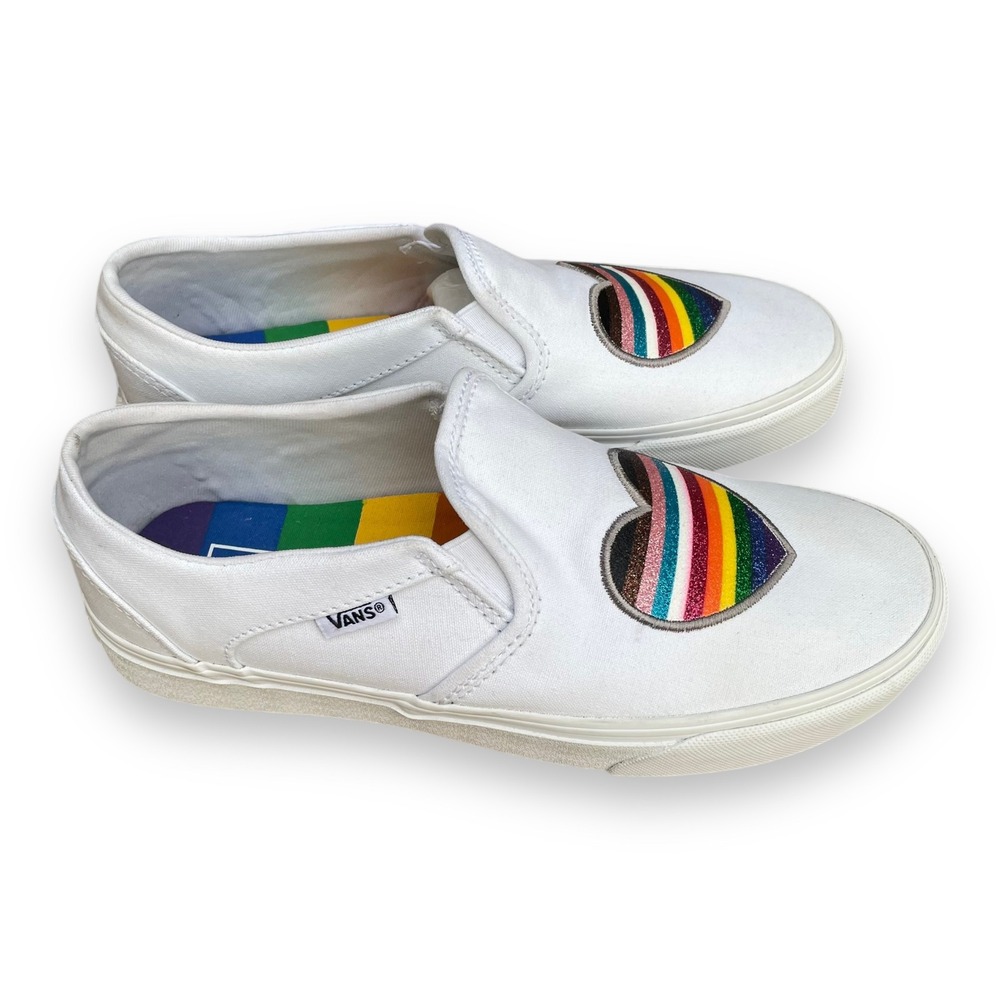 Vans Classic Slip-On Pride Rainbow Heart White Canvas Sneakers Shoes Women's 8 - Picture 5 of 5